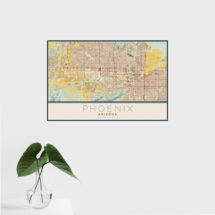 16x24 Phoenix Arizona Map Print Landscape Orientation in Woodblock Style With Tropical Plant Leaves in Water