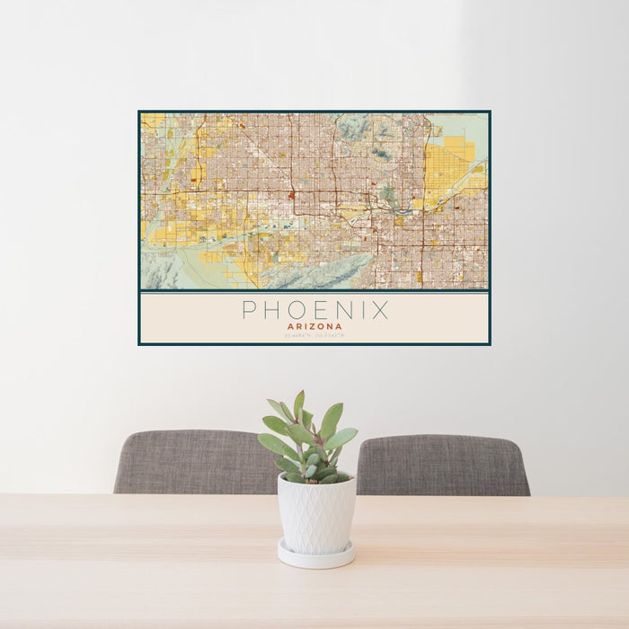 24x36 Phoenix Arizona Map Print Landscape Orientation in Woodblock Style Behind 2 Chairs Table and Potted Plant