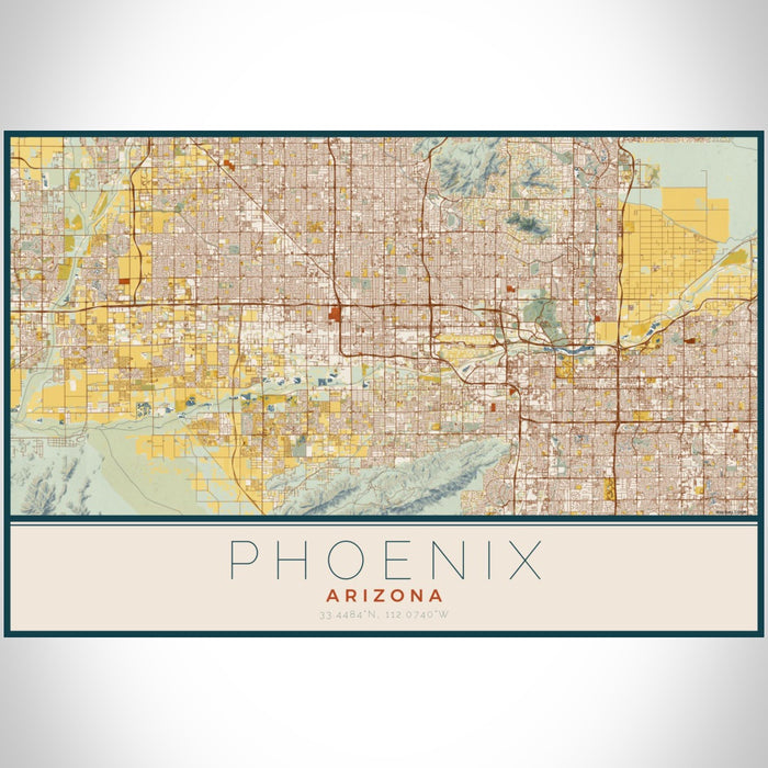 Phoenix Arizona Map Print Landscape Orientation in Woodblock Style With Shaded Background