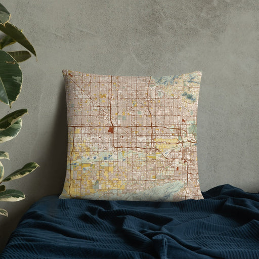 Custom Phoenix Arizona Map Throw Pillow in Woodblock on Bedding Against Wall