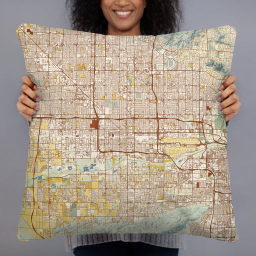 Person holding 22x22 Custom Phoenix Arizona Map Throw Pillow in Woodblock