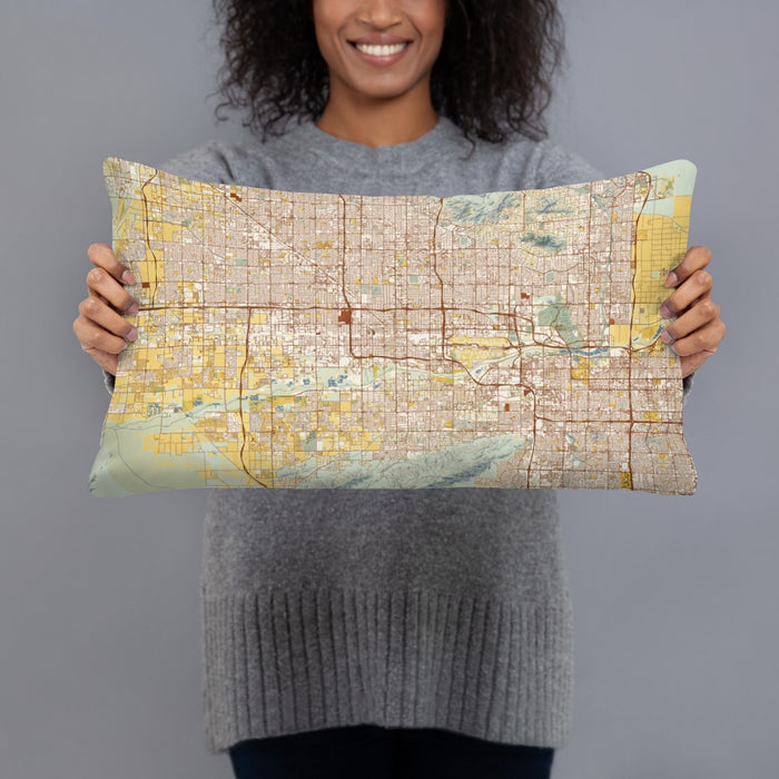 Person holding 20x12 Custom Phoenix Arizona Map Throw Pillow in Woodblock