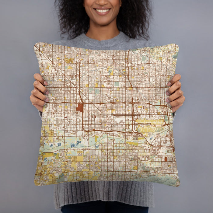Person holding 18x18 Custom Phoenix Arizona Map Throw Pillow in Woodblock
