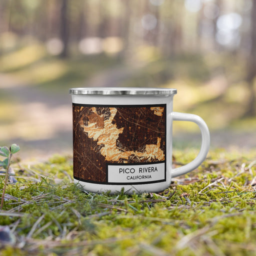 Right View Custom Pico Rivera California Map Enamel Mug in Ember on Grass With Trees in Background