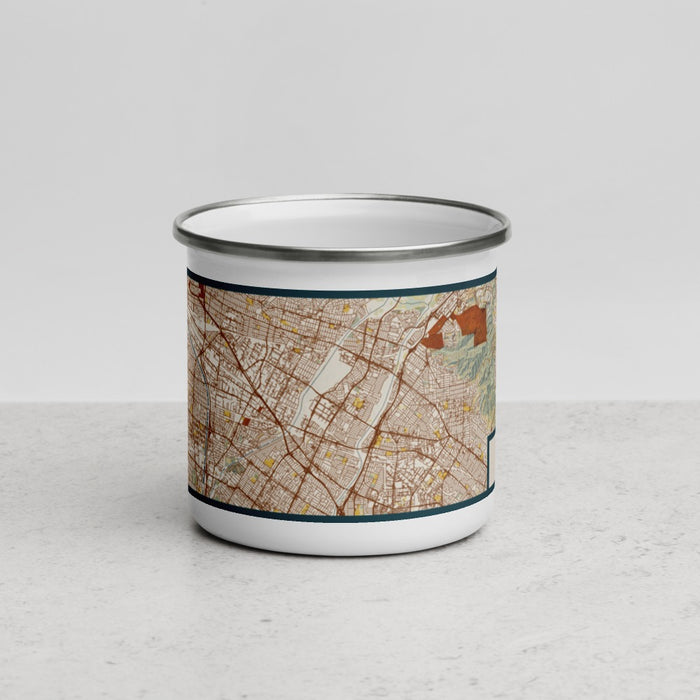 Front View Custom Pico Rivera California Map Enamel Mug in Woodblock