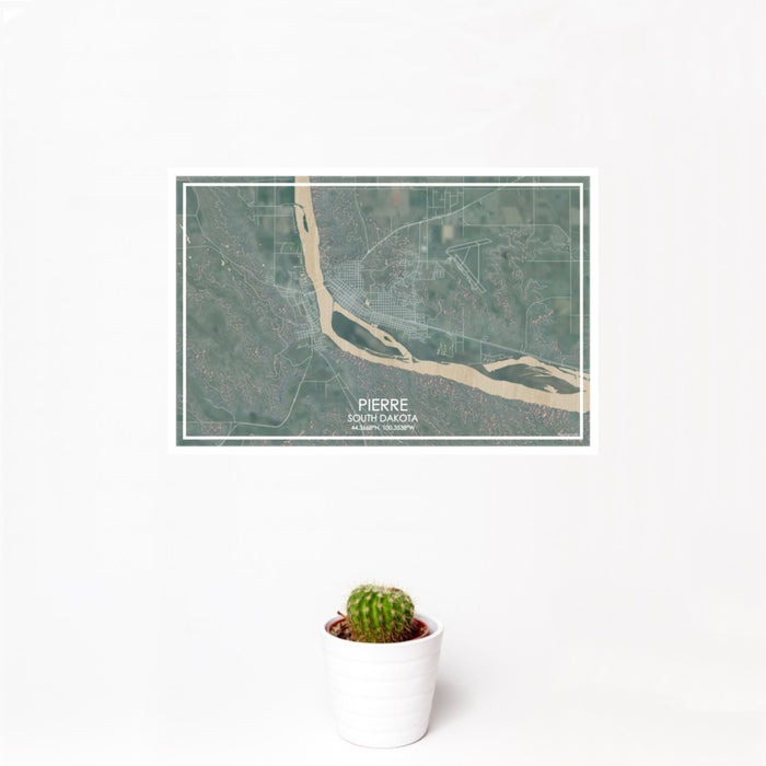 12x18 Pierre South Dakota Map Print Landscape Orientation in Afternoon Style With Small Cactus Plant in White Planter
