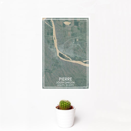 12x18 Pierre South Dakota Map Print Portrait Orientation in Afternoon Style With Small Cactus Plant in White Planter