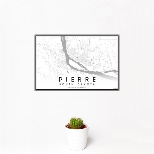12x18 Pierre South Dakota Map Print Landscape Orientation in Classic Style With Small Cactus Plant in White Planter