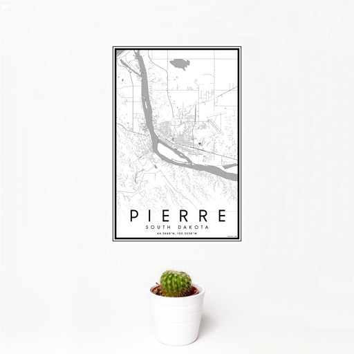 12x18 Pierre South Dakota Map Print Portrait Orientation in Classic Style With Small Cactus Plant in White Planter