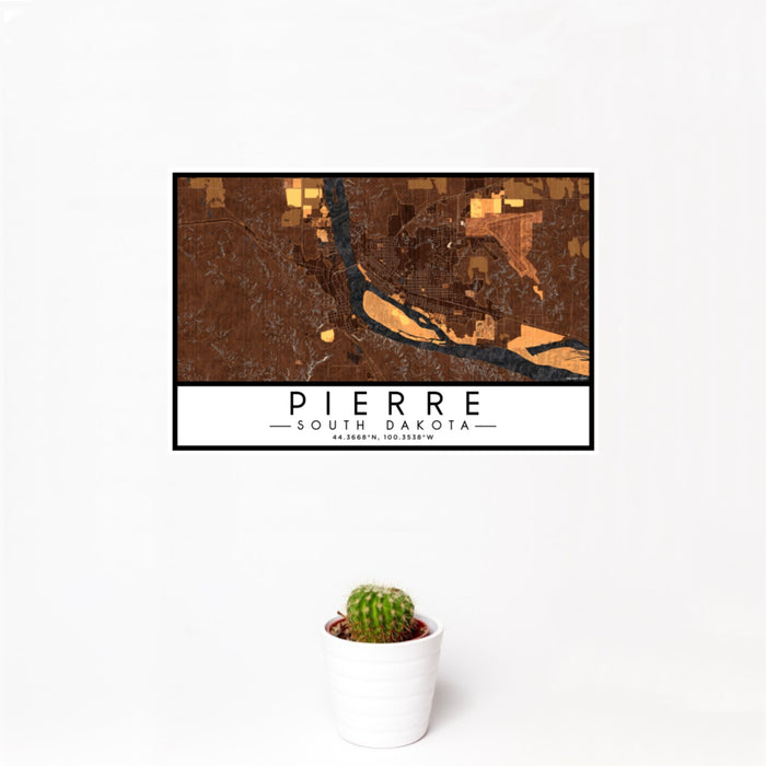12x18 Pierre South Dakota Map Print Landscape Orientation in Ember Style With Small Cactus Plant in White Planter