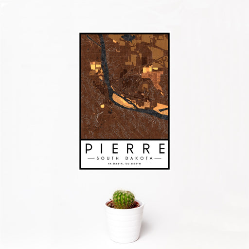 12x18 Pierre South Dakota Map Print Portrait Orientation in Ember Style With Small Cactus Plant in White Planter