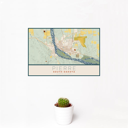 12x18 Pierre South Dakota Map Print Landscape Orientation in Woodblock Style With Small Cactus Plant in White Planter