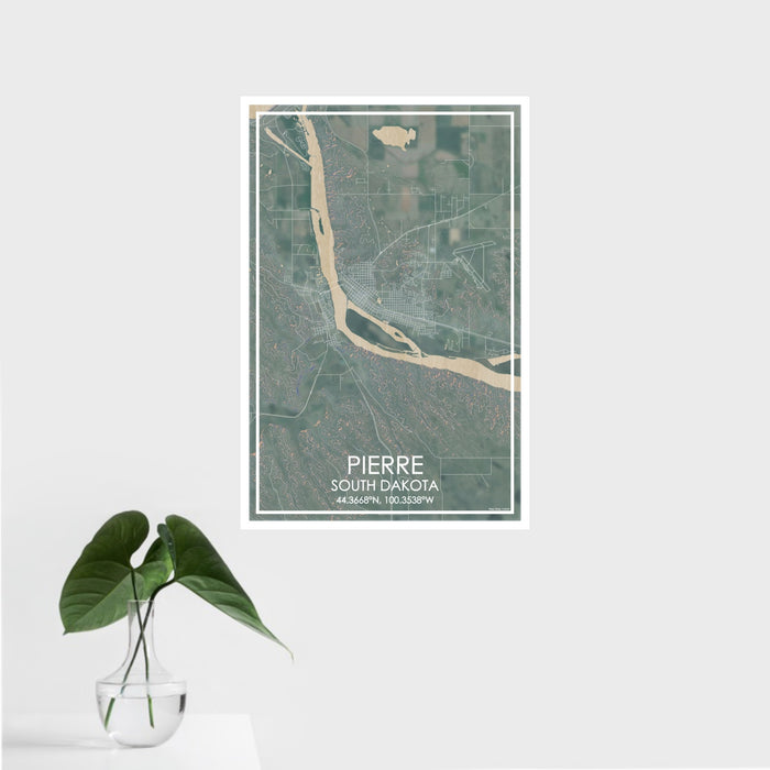 16x24 Pierre South Dakota Map Print Portrait Orientation in Afternoon Style With Tropical Plant Leaves in Water