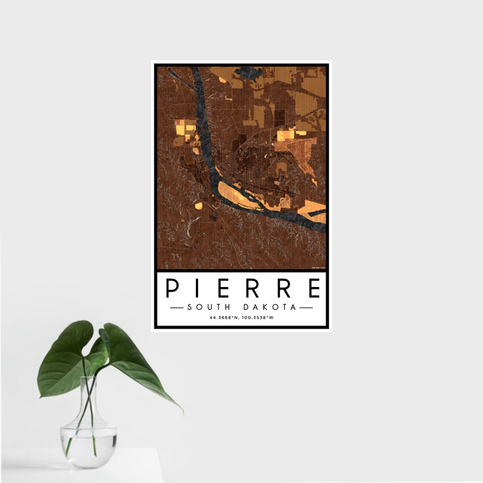 16x24 Pierre South Dakota Map Print Portrait Orientation in Ember Style With Tropical Plant Leaves in Water