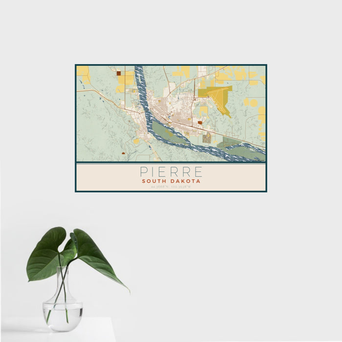 16x24 Pierre South Dakota Map Print Landscape Orientation in Woodblock Style With Tropical Plant Leaves in Water