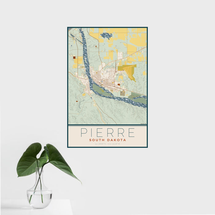 16x24 Pierre South Dakota Map Print Portrait Orientation in Woodblock Style With Tropical Plant Leaves in Water