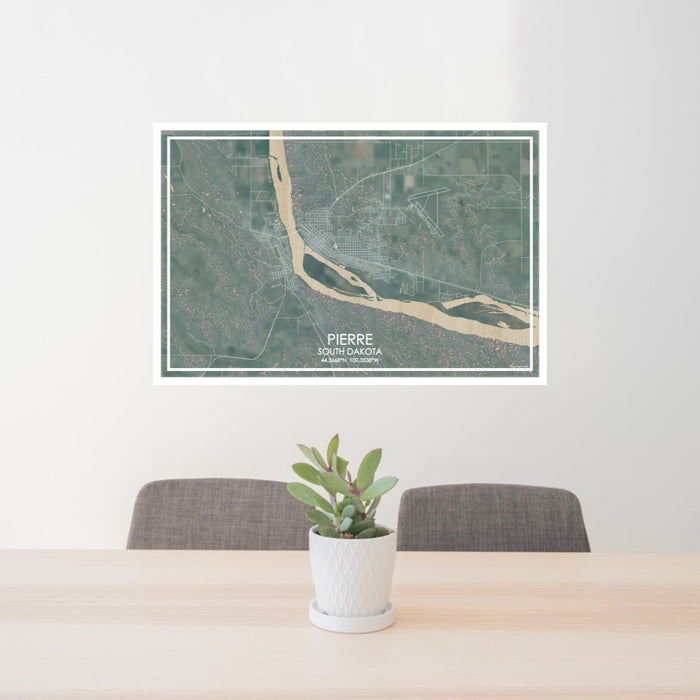 24x36 Pierre South Dakota Map Print Lanscape Orientation in Afternoon Style Behind 2 Chairs Table and Potted Plant