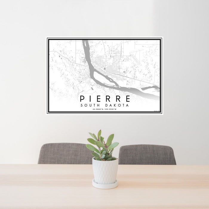 24x36 Pierre South Dakota Map Print Lanscape Orientation in Classic Style Behind 2 Chairs Table and Potted Plant