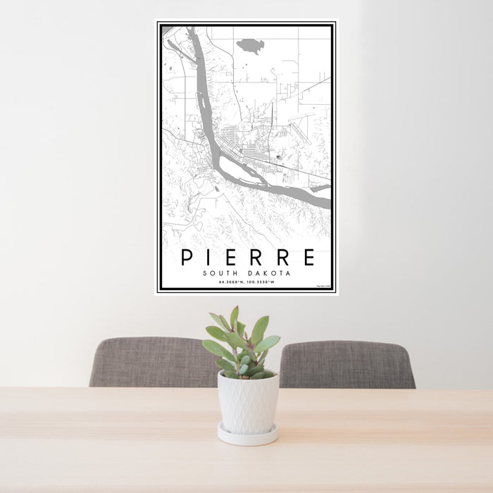 24x36 Pierre South Dakota Map Print Portrait Orientation in Classic Style Behind 2 Chairs Table and Potted Plant