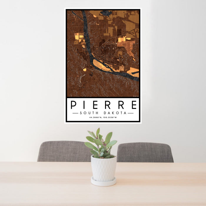 24x36 Pierre South Dakota Map Print Portrait Orientation in Ember Style Behind 2 Chairs Table and Potted Plant