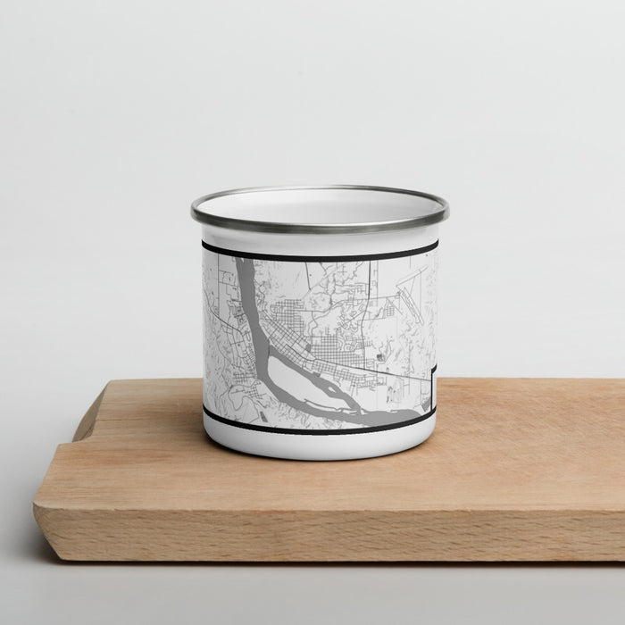 Front View Custom Pierre South Dakota Map Enamel Mug in Classic on Cutting Board