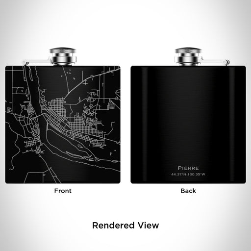 Rendered View of Pierre South Dakota Map Engraving on 6oz Stainless Steel Flask in Black