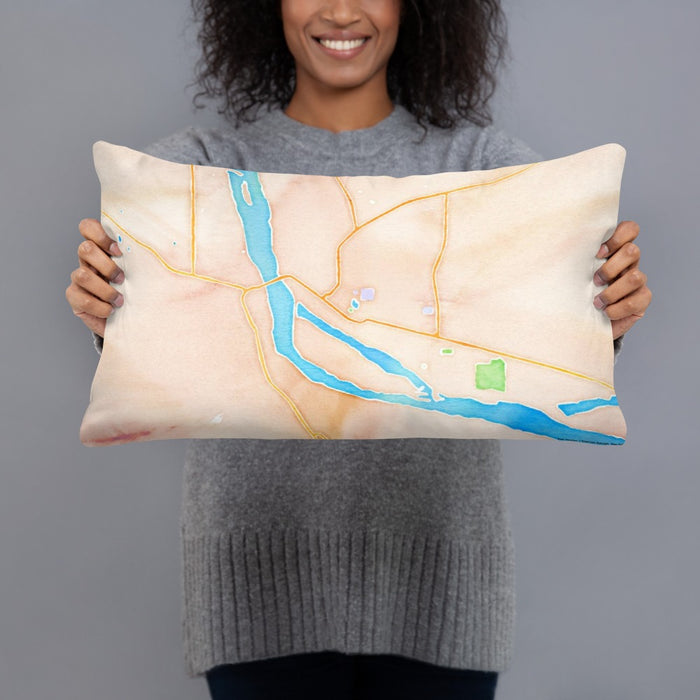 Person holding 20x12 Custom Pierre South Dakota Map Throw Pillow in Watercolor