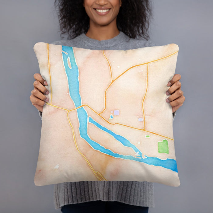 Person holding 18x18 Custom Pierre South Dakota Map Throw Pillow in Watercolor