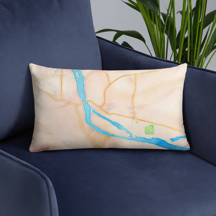 Custom Pierre South Dakota Map Throw Pillow in Watercolor on Blue Colored Chair