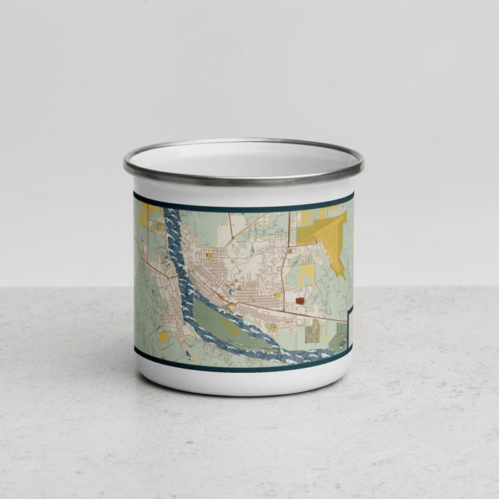 Front View Custom Pierre South Dakota Map Enamel Mug in Woodblock