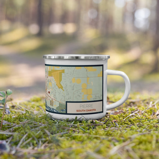 Right View Custom Pierre South Dakota Map Enamel Mug in Woodblock on Grass With Trees in Background