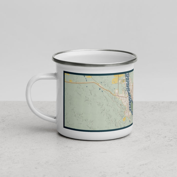 Left View Custom Pierre South Dakota Map Enamel Mug in Woodblock