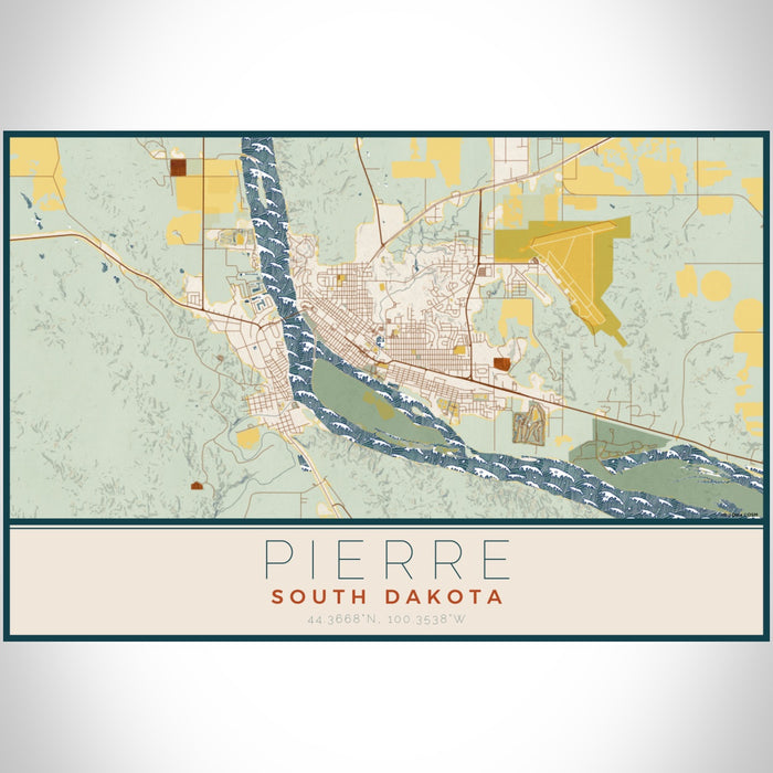 Pierre South Dakota Map Print Landscape Orientation in Woodblock Style With Shaded Background