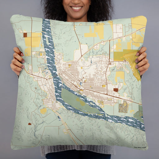 Person holding 22x22 Custom Pierre South Dakota Map Throw Pillow in Woodblock