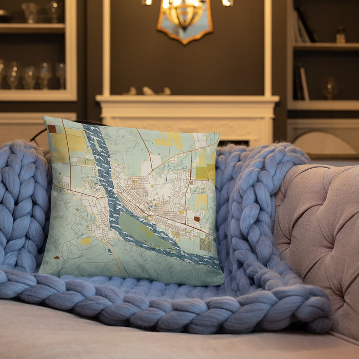 Custom Pierre South Dakota Map Throw Pillow in Woodblock on Cream Colored Couch