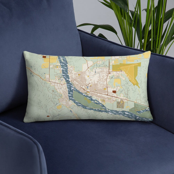 Custom Pierre South Dakota Map Throw Pillow in Woodblock on Blue Colored Chair