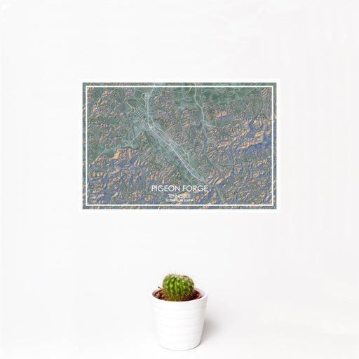 12x18 Pigeon Forge Tennessee Map Print Landscape Orientation in Afternoon Style With Small Cactus Plant in White Planter