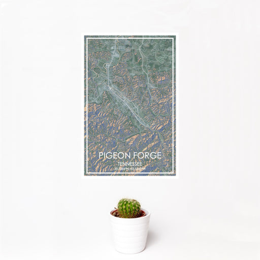 12x18 Pigeon Forge Tennessee Map Print Portrait Orientation in Afternoon Style With Small Cactus Plant in White Planter