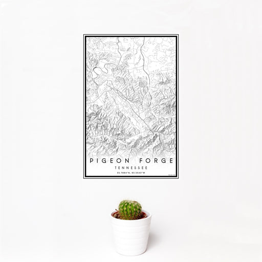 12x18 Pigeon Forge Tennessee Map Print Portrait Orientation in Classic Style With Small Cactus Plant in White Planter