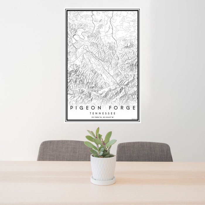 24x36 Pigeon Forge Tennessee Map Print Portrait Orientation in Classic Style Behind 2 Chairs Table and Potted Plant