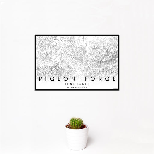 12x18 Pigeon Forge Tennessee Map Print Landscape Orientation in Classic Style With Small Cactus Plant in White Planter