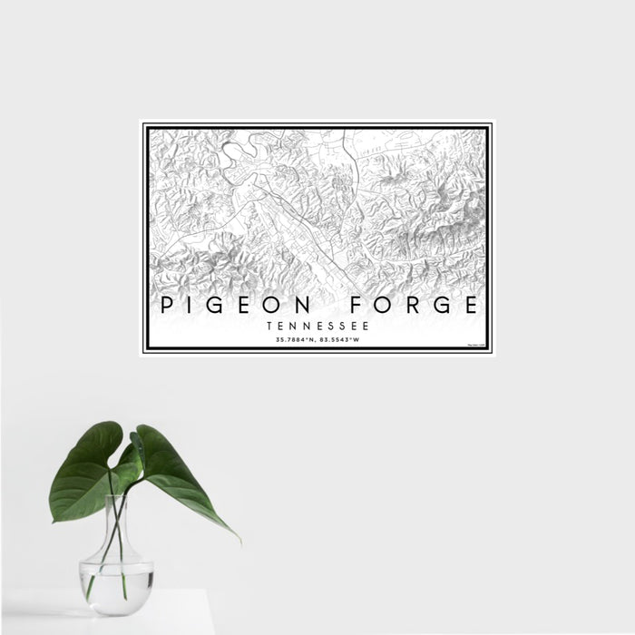 16x24 Pigeon Forge Tennessee Map Print Landscape Orientation in Classic Style With Tropical Plant Leaves in Water