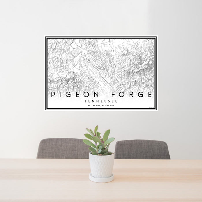 24x36 Pigeon Forge Tennessee Map Print Landscape Orientation in Classic Style Behind 2 Chairs Table and Potted Plant