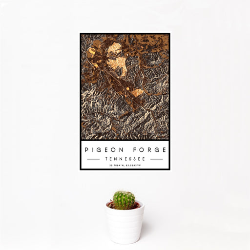 12x18 Pigeon Forge Tennessee Map Print Portrait Orientation in Ember Style With Small Cactus Plant in White Planter