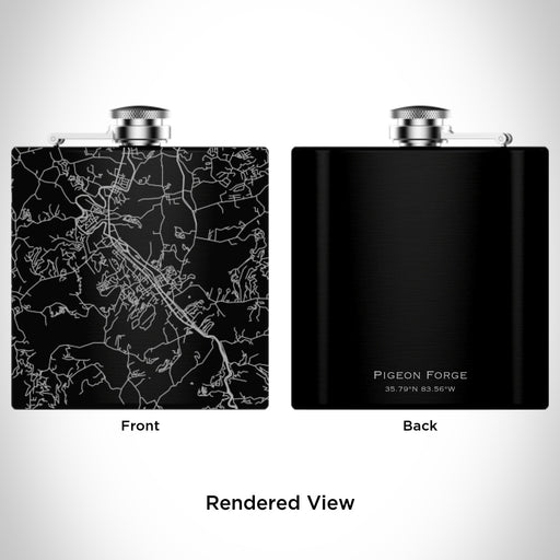Rendered View of Pigeon Forge Tennessee Map Engraving on 6oz Stainless Steel Flask in Black