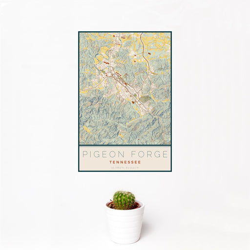 12x18 Pigeon Forge Tennessee Map Print Portrait Orientation in Woodblock Style With Small Cactus Plant in White Planter
