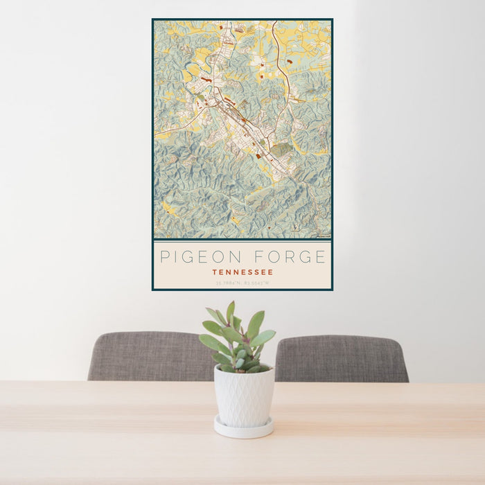 24x36 Pigeon Forge Tennessee Map Print Portrait Orientation in Woodblock Style Behind 2 Chairs Table and Potted Plant