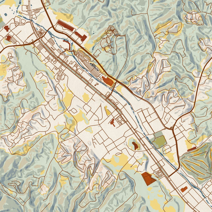 Pigeon Forge Tennessee Map Print in Woodblock Style Zoomed In Close Up Showing Details
