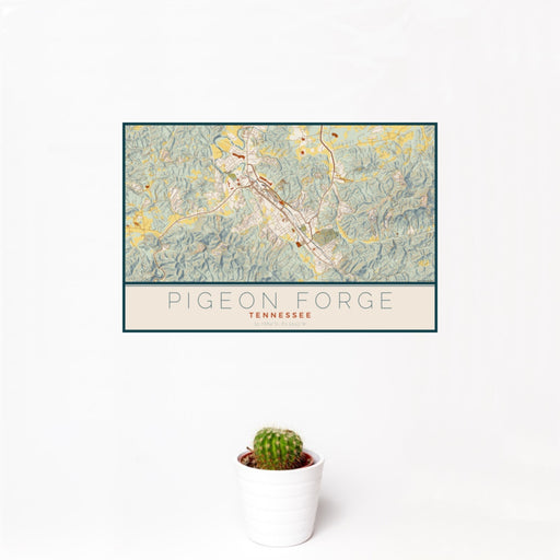 12x18 Pigeon Forge Tennessee Map Print Landscape Orientation in Woodblock Style With Small Cactus Plant in White Planter