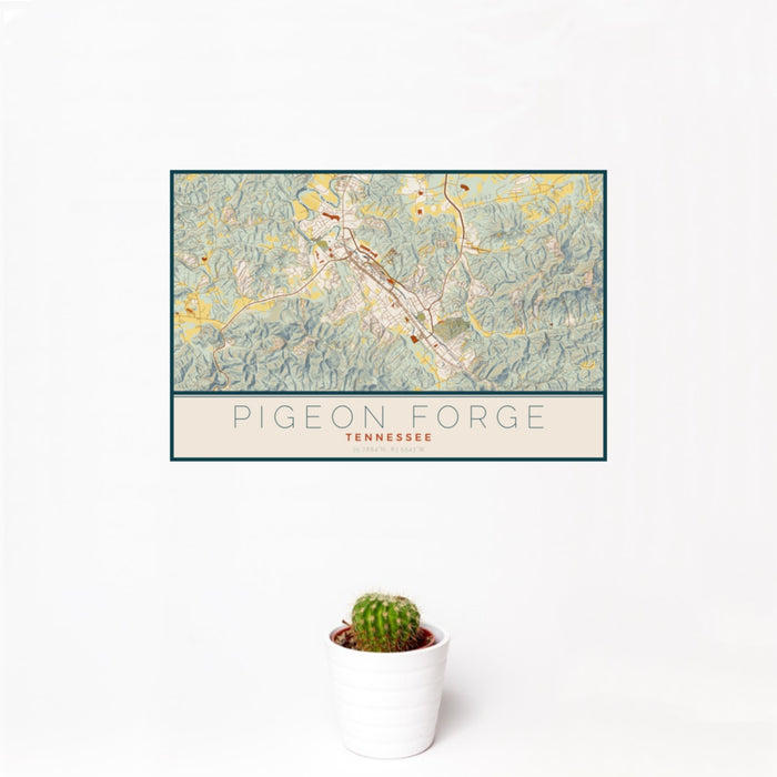 12x18 Pigeon Forge Tennessee Map Print Landscape Orientation in Woodblock Style With Small Cactus Plant in White Planter